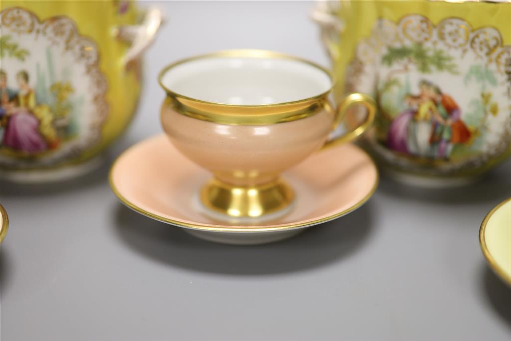 A pair of Dresden cache pots and a Danish porcelain coffee set, tallest 9.5cm